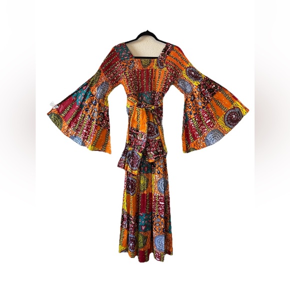 VTG African Star Bohemian Maxi Dress Off The Shoulder Oversized Flared Sleeve OS - Picture 4 of 15